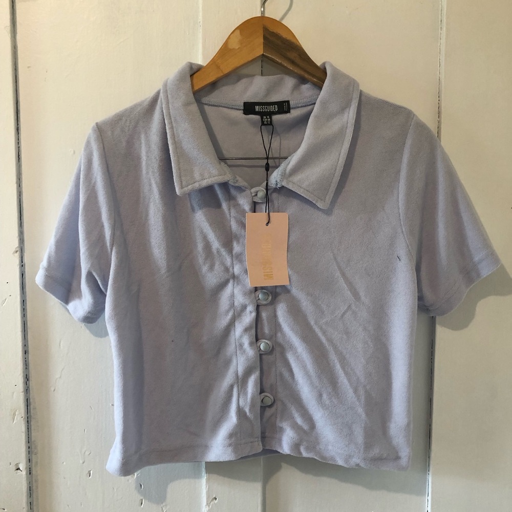 Missguided blue terry crop button up